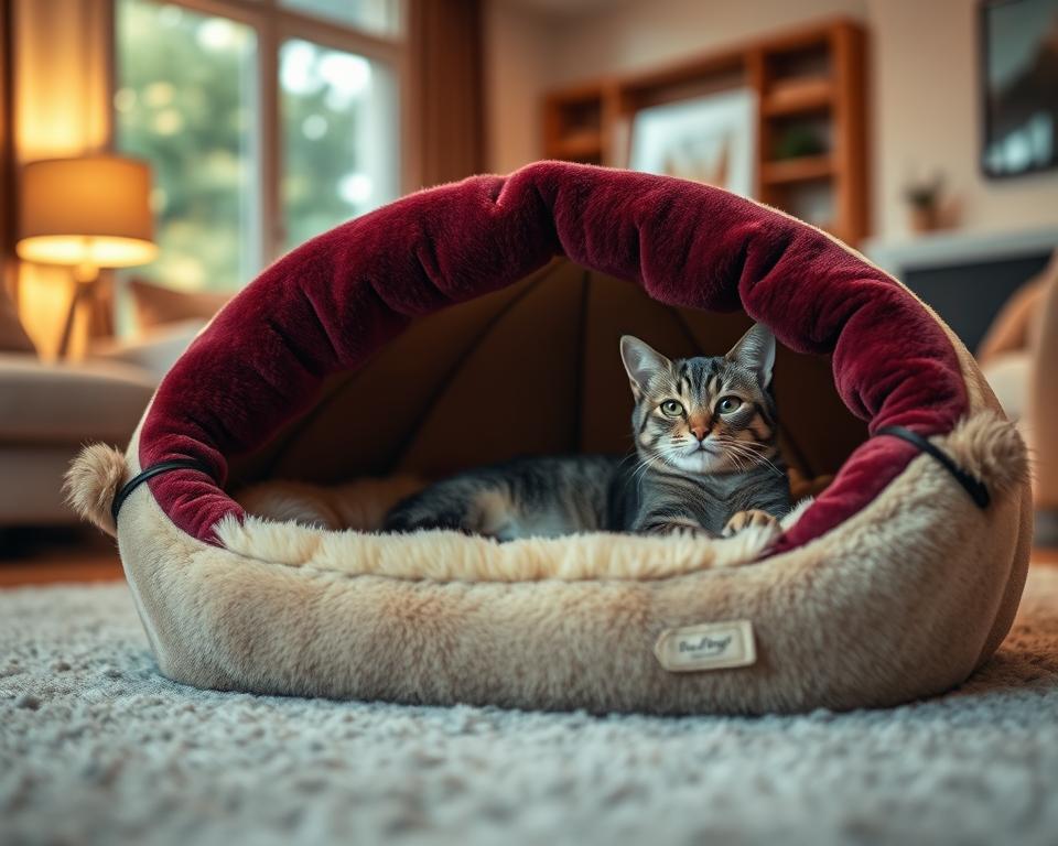 A cozy, luxurious heated cave bed designed for cats, prominently positioned in the foreground. The bed features plush, soft fabric with a warm color palette of deep burgundy and creamy beige, creating an inviting space. Small faux fur accents embellish the edges, enhancing its premium feel. In the middle ground, a serene home environment can be seen, with a faint glow emanating from an embedded heating element inside the bed, suggesting warmth. The background showcases a softly blurred living room setting bathed in soft, natural light streaming through a window, adding warmth and comfort to the scene. The atmosphere is tranquil and inviting, perfect for a content cat enjoying the ultimate cozy retreat. The angle is slightly elevated, offering a clear view of the bed without any distractions or text elements. A cozy, luxurious heated cave bed designed for cats, prominently positioned in the foreground. The bed features plush, soft fabric with a warm color palette of deep burgundy and creamy beige, creating an inviting space. Small faux fur accents embellish the edges, enhancing its premium feel. In the middle ground, a serene home environment can be seen, with a faint glow emanating from an embedded heating element inside the bed, suggesting warmth. The background showcases a softly blurred living room setting bathed in soft, natural light streaming through a window, adding warmth and comfort to the scene. The atmosphere is tranquil and inviting, perfect for a content cat enjoying the ultimate cozy retreat. The angle is slightly elevated, offering a clear view of the bed without any distractions or text elements.