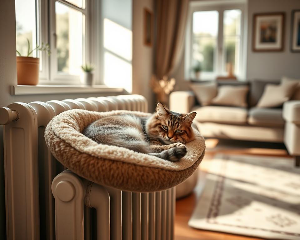A cozy machine washable cat radiator bed, designed for maximum comfort, featuring soft, plush fabric in a warm beige color. The bed is neatly placed on a classic radiator, showcasing its perfect fit. In the foreground, a fluffy cat with a content expression is curled up, demonstrating the bed's inviting nature. The middle ground includes a cozy, well-lit room with warm lighting filters through a nearby window, casting gentle shadows. In the background, there are soft furnishings like a patterned rug and a comfortable couch, creating a homely atmosphere. The overall mood is warm and inviting, emphasizing the easy-care features of the cat bed, ideal for a serene indoor setting.