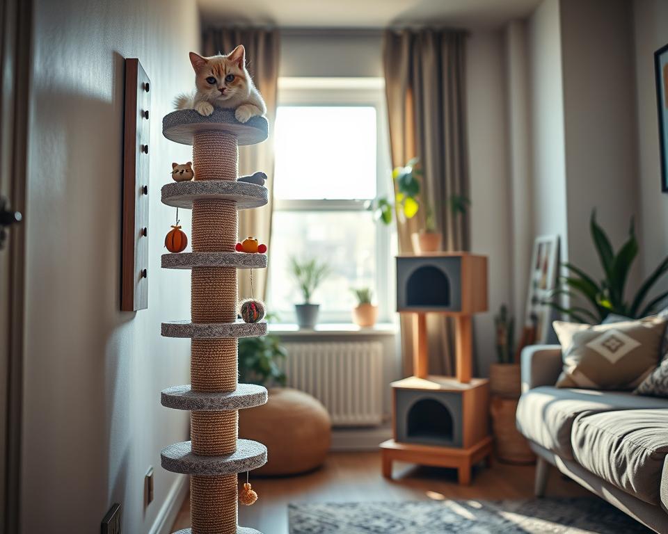 A cozy, modern flat interior in the UK that showcases innovative space-saving cat scratching solutions. In the foreground, a stylish wall-mounted scratching post with multiple levels and textured surfaces specifically designed for cats, adorned with playful cat toys. In the middle, a compact cat tree that seamlessly blends into the room's decor, featuring a small hiding nook and a sisal-wrapped scratching area. The background reveals a bright window with natural sunlight streaming in, illuminating the space and creating a warm atmosphere. The color palette consists of soft, neutral tones with hints of greenery from potted plants. The mood conveys a sense of harmony, blending functionality with a chic home environment, ideal for cat lovers in small living spaces. A cozy, modern flat interior in the UK that showcases innovative space-saving cat scratching solutions. In the foreground, a stylish wall-mounted scratching post with multiple levels and textured surfaces specifically designed for cats, adorned with playful cat toys. In the middle, a compact cat tree that seamlessly blends into the room's decor, featuring a small hiding nook and a sisal-wrapped scratching area. The background reveals a bright window with natural sunlight streaming in, illuminating the space and creating a warm atmosphere. The color palette consists of soft, neutral tones with hints of greenery from potted plants. The mood conveys a sense of harmony, blending functionality with a chic home environment, ideal for cat lovers in small living spaces.