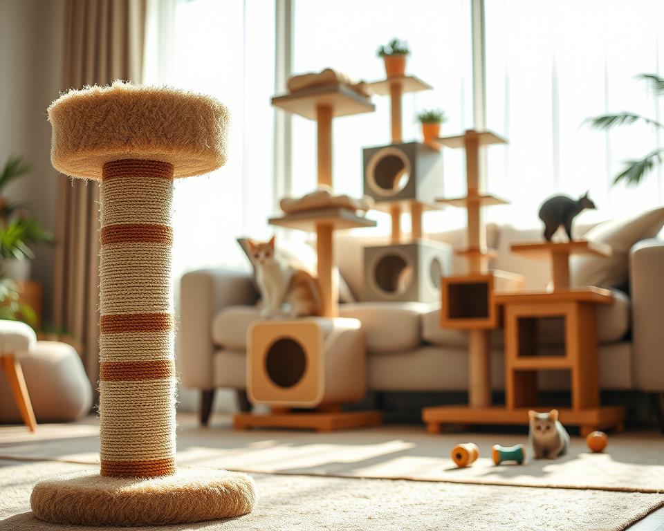 A cozy, modern living room setting showcasing an elegant assortment of quality cat furniture. In the foreground, a sturdy scratching post made from natural sisal and plush materials, adorned with subtle earth tones, beckons to cats. In the middle ground, a stylish cat tree with multiple levels and integrated cozy hideaways encourages playful exploration. The background features a soft, inviting sofa with a few cat toys scattered nearby, creating a warm atmosphere. Bright, diffused sunlight streams through a large window, casting a gentle glow that enhances the textures of the furniture. The scene embodies comfort and functionality, capturing the essence of high-quality cat furniture designed to keep both cats and their owners happy. A cozy, modern living room setting showcasing an elegant assortment of quality cat furniture. In the foreground, a sturdy scratching post made from natural sisal and plush materials, adorned with subtle earth tones, beckons to cats. In the middle ground, a stylish cat tree with multiple levels and integrated cozy hideaways encourages playful exploration. The background features a soft, inviting sofa with a few cat toys scattered nearby, creating a warm atmosphere. Bright, diffused sunlight streams through a large window, casting a gentle glow that enhances the textures of the furniture. The scene embodies comfort and functionality, capturing the essence of high-quality cat furniture designed to keep both cats and their owners happy.