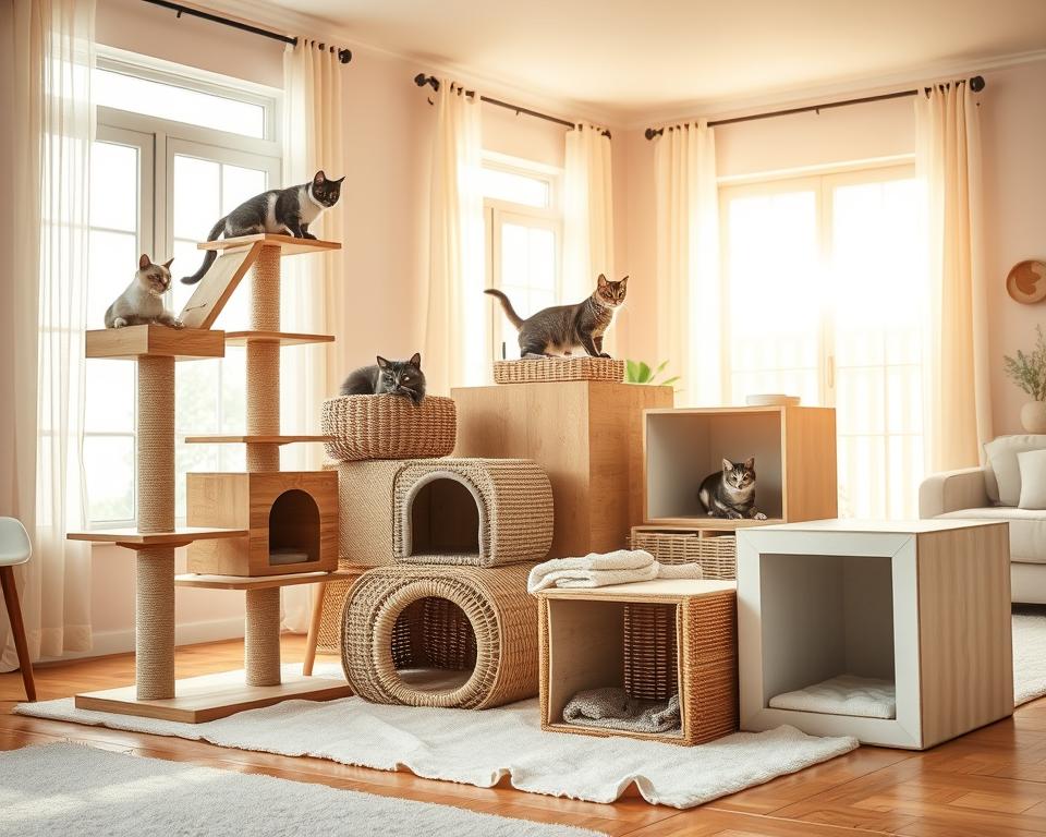 A cozy multi-cat household scene featuring innovative shelter solutions for feline comfort. In the foreground, three cats of different breeds—Siamese, Maine Coon, and Scottish Fold—play together on a wooden cat tree with multiple levels. In the middle, various cat houses made of natural materials, including a wicker basket, a plush cave, and a modern cube-shaped shelter, are arranged neatly among soft blankets. The background showcases a sunlit living room with soft pastel walls, large windows with sheer curtains, and warm wooden flooring that enhances the inviting atmosphere. The lighting is soft and warm, creating an inviting, tranquil vibe, reminiscent of a feline paradise where cats feel safe and relaxed. The overall mood is cheerful and idyllic, perfect for showcasing multi-cat solutions. A cozy multi-cat household scene featuring innovative shelter solutions for feline comfort. In the foreground, three cats of different breeds—Siamese, Maine Coon, and Scottish Fold—play together on a wooden cat tree with multiple levels. In the middle, various cat houses made of natural materials, including a wicker basket, a plush cave, and a modern cube-shaped shelter, are arranged neatly among soft blankets. The background showcases a sunlit living room with soft pastel walls, large windows with sheer curtains, and warm wooden flooring that enhances the inviting atmosphere. The lighting is soft and warm, creating an inviting, tranquil vibe, reminiscent of a feline paradise where cats feel safe and relaxed. The overall mood is cheerful and idyllic, perfect for showcasing multi-cat solutions.