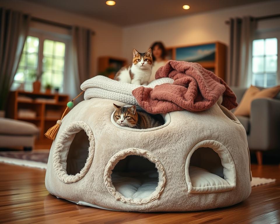 A cozy multi-functional cat cave designed for comfort and play. In the foreground, a plush cave-like structure with soft fabric walls, featuring multiple openings and compartments for playful exploration. The cave is adorned with small hanging toys and a removable cushion, showing its versatility. In the middle, a curious cat peeks out from one of the openings, with another lounging comfortably on top of the cave, surrounded by cozy blankets. The background features a warm, inviting living room with soft natural light filtering through a window, creating a serene atmosphere. The scene conveys a sense of tranquility and happiness for both the cats and their owners, captured with a shallow depth of field to emphasize the cave as the focal point. A cozy multi-functional cat cave designed for comfort and play. In the foreground, a plush cave-like structure with soft fabric walls, featuring multiple openings and compartments for playful exploration. The cave is adorned with small hanging toys and a removable cushion, showing its versatility. In the middle, a curious cat peeks out from one of the openings, with another lounging comfortably on top of the cave, surrounded by cozy blankets. The background features a warm, inviting living room with soft natural light filtering through a window, creating a serene atmosphere. The scene conveys a sense of tranquility and happiness for both the cats and their owners, captured with a shallow depth of field to emphasize the cave as the focal point.
