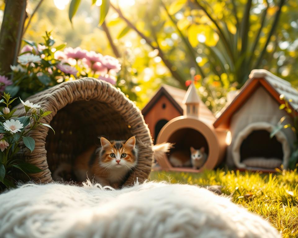 A cozy outdoor cat den solution nestled among lush greenery, showcasing various styles of cat caves. In the foreground, a soft, plush cave made of natural materials like woven straw and felt, with a fluffy cat peeking out, looking content. In the middle ground, other outdoor cat shelters made from weatherproof wood and insulated fabric, featuring playful designs. The background includes a sun-dappled garden with blooming flowers and a gentle breeze, adding an inviting atmosphere. Soft, warm sunlight filters through the trees, creating a serene and peaceful scene, captured with a shallow depth of field to emphasize the cats and their caves. The overall mood is tranquil and homely, perfect for outdoor cat comfort. A cozy outdoor cat den solution nestled among lush greenery, showcasing various styles of cat caves. In the foreground, a soft, plush cave made of natural materials like woven straw and felt, with a fluffy cat peeking out, looking content. In the middle ground, other outdoor cat shelters made from weatherproof wood and insulated fabric, featuring playful designs. The background includes a sun-dappled garden with blooming flowers and a gentle breeze, adding an inviting atmosphere. Soft, warm sunlight filters through the trees, creating a serene and peaceful scene, captured with a shallow depth of field to emphasize the cats and their caves. The overall mood is tranquil and homely, perfect for outdoor cat comfort.