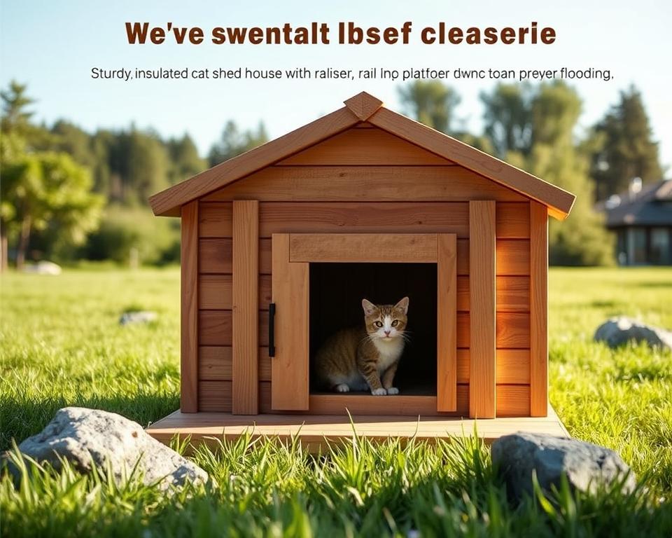 A cozy outdoor cat house designed for outside cats, featuring essential weatherproof qualities. In the foreground, depict a sturdy, insulated wooden cat house with a slanted roof to shed rain, equipped with a raised platform to prevent flooding. The middle section showcases an entrance with a flap for wind protection and a small porch area for lounging. Surround the cat house with lush green grass and a few strategically placed rocks to create a natural setting. In the background, include distant trees and a clear blue sky, conveying a serene and inviting atmosphere. Use soft, natural lighting to enhance the warmth of the scene. Capture the image with a slightly elevated angle to showcase the structure and its features in detail.