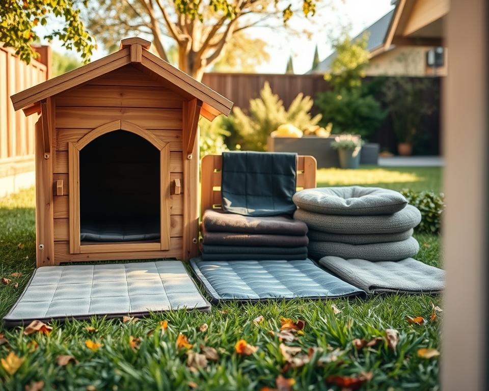 A cozy outdoor cat house designed with durable, weatherproof materials. In the foreground, showcase a snug, wooden cat shelter with insulated walls, a pitched roof for rain runoff, and an elevated platform for warmth. The middle features an assortment of weather-resistant textiles, like waterproof pet bedding and non-slip mats, arranged in a natural setting with green grass and fallen leaves. In the background, include a sunny garden scene to evoke a warm, inviting atmosphere. The lighting should be soft and natural, emulating a late afternoon glow, with shadows enhancing the textures of the materials. Capture this scene with a slightly low angle to emphasize the cat house's inviting height and comfort for feline residents, creating a serene and stylish environment for outdoor cats. A cozy outdoor cat house designed with durable, weatherproof materials. In the foreground, showcase a snug, wooden cat shelter with insulated walls, a pitched roof for rain runoff, and an elevated platform for warmth. The middle features an assortment of weather-resistant textiles, like waterproof pet bedding and non-slip mats, arranged in a natural setting with green grass and fallen leaves. In the background, include a sunny garden scene to evoke a warm, inviting atmosphere. The lighting should be soft and natural, emulating a late afternoon glow, with shadows enhancing the textures of the materials. Capture this scene with a slightly low angle to emphasize the cat house's inviting height and comfort for feline residents, creating a serene and stylish environment for outdoor cats.