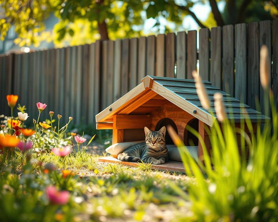A cozy outdoor cat shelter nestled in a serene garden setting. In the foreground, a charming wooden cat house with a slanted roof, constructed from natural materials, featuring small entrances for easy access. Soft bedding peeks out through the entrance, inviting comfort. In the middle ground, a playful tabby cat lounges on a warm patch of sunlight, surrounded by vibrant flowers and tall grasses swaying gently in a light breeze. The background showcases a softly blurred fence, with dappled sunlight filtering through leafy trees, casting a warm glow over the scene. The atmosphere is tranquil and inviting, conveying the message that every outdoor cat deserves a safe and comfortable place to rest. The image is captured with a shallow depth of field, emphasizing the shelter and the cat in focus, while softly blurring the background for a dreamy effect.