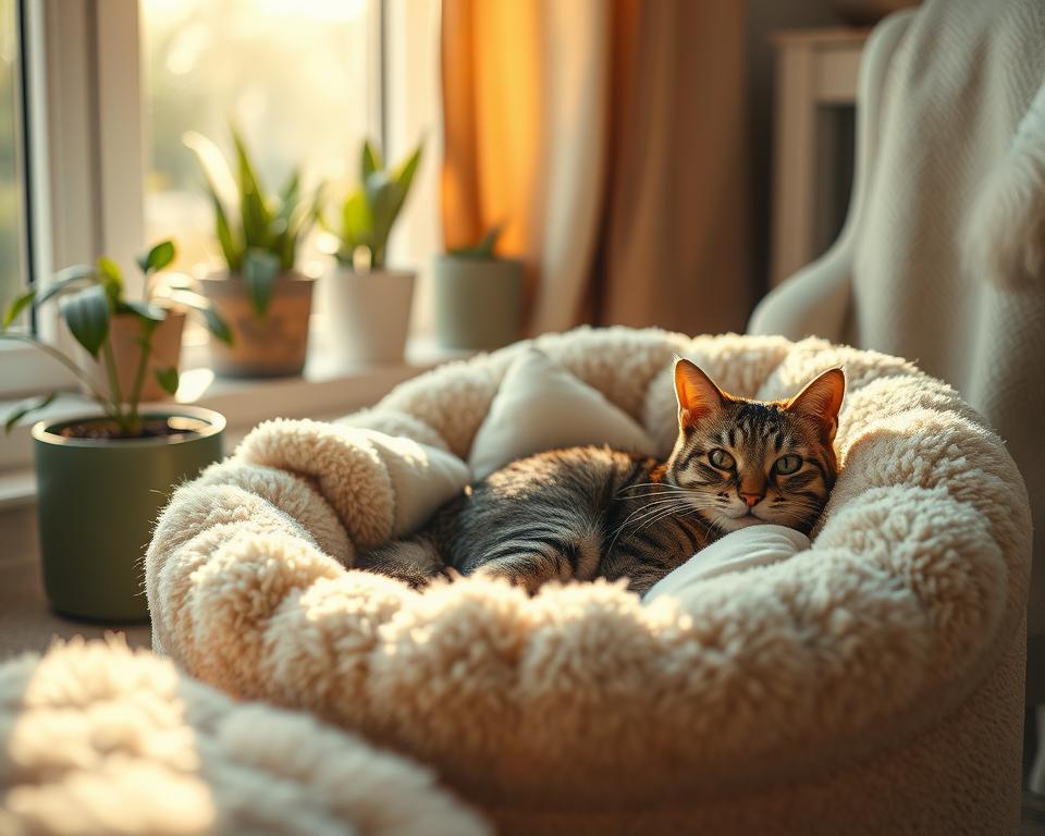 A cozy radiator cat bed nestled against a warm, sunlit window reveals a plush, soft design with beige and cream colors, surrounded by fluffy pillows. A contented tabby cat lounges inside, its fur gently illuminated by the glowing light, showcasing a peaceful and relaxed demeanor. In the background, a glimpse of a room decorated with houseplants and a soft textile throw adds warmth and homey charm. The angle is slightly tilted down to capture the cat's happy face while emphasizing the bed's comforting contours. The scene is bathed in natural light, creating a serene and inviting atmosphere, perfect for showcasing why it's a customer favorite among cat owners. A cozy radiator cat bed nestled against a warm, sunlit window reveals a plush, soft design with beige and cream colors, surrounded by fluffy pillows. A contented tabby cat lounges inside, its fur gently illuminated by the glowing light, showcasing a peaceful and relaxed demeanor. In the background, a glimpse of a room decorated with houseplants and a soft textile throw adds warmth and homey charm. The angle is slightly tilted down to capture the cat's happy face while emphasizing the bed's comforting contours. The scene is bathed in natural light, creating a serene and inviting atmosphere, perfect for showcasing why it's a customer favorite among cat owners.