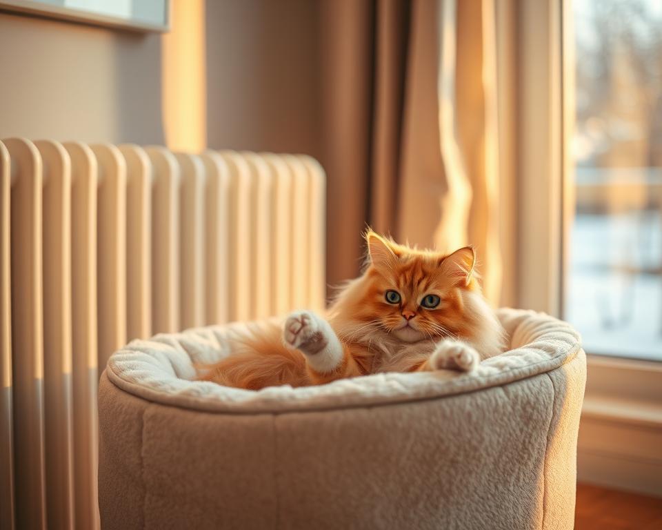 A cozy scene depicting a cat sitting happily in a radiator bed, nestled close to a warm radiator. The foreground includes the fluffy cat, with soft fur in shades of orange and white, contently lounging with one paw stretched out. In the middle ground, the radiator bed is elegantly designed, featuring plush materials and a simple, minimalistic aesthetic suited for a modern home. The background displays a softly lit living room with a window showing a hint of the chilly outdoors, enhancing the cozy atmosphere. Warm, golden light from the radiator casts gentle shadows, creating a serene and inviting mood. The overall composition captures the essence of comfort and warmth for cat owners.