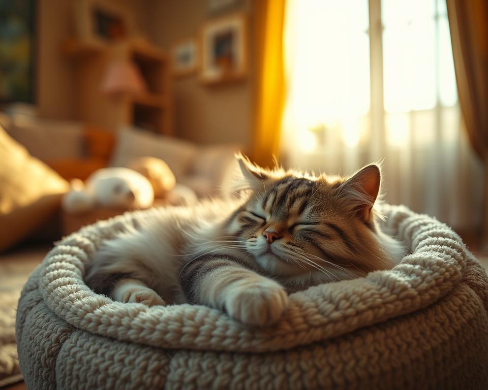 A cozy scene featuring a content, fluffy cat sleeping peacefully in a plush, inviting cat bed. In the foreground, the cat is nestled into the bed, its fur slightly ruffled, with a serene expression on its face, highlighting relaxation and comfort. The middle layer showcases the cat bed, which is subtly adorned with soft patterns and surrounded by a few plush toys. In the background, a warm, softly lit room is seen with a sunny window filtering golden light, creating a tranquil and serene atmosphere. The angle captures the scene from a slightly elevated perspective, emphasizing the cat's peacefulness and the inviting nature of its surroundings, evoking feelings of comfort and security.
