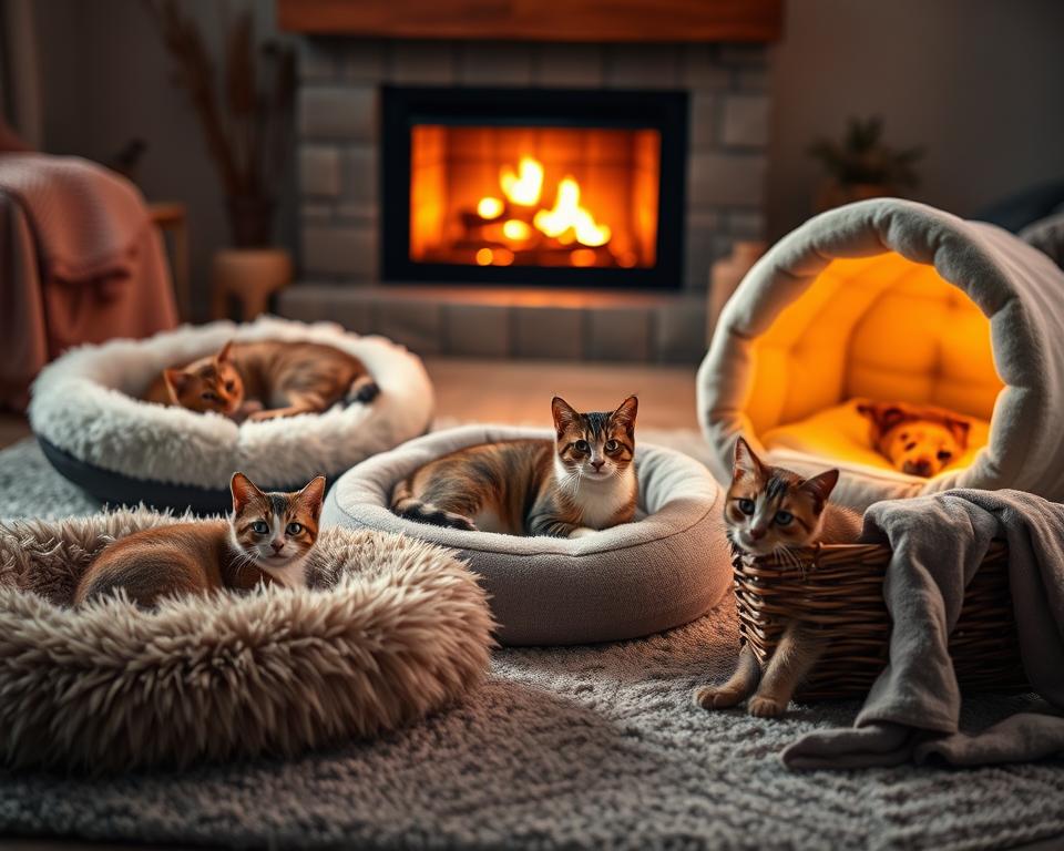 A cozy scene featuring a variety of budget-friendly heated cat beds designed for ultimate comfort. In the foreground, showcase several different heated bed options: a plush, fuzzy heated mat, a soft igloo-style bed with a warming interior, and a compact heating pad draped over a stylish cat basket. The middle ground includes a few curious cats lounging comfortably on these beds, their fur softly illuminated by a warm, inviting light. The background features a serene living room setting with a gently glowing fireplace and soft, earthy colors to enhance the cozy atmosphere. The overall mood should convey warmth, comfort, and affordability, inviting viewers to envision a perfect resting spot for their feline companions. A cozy scene featuring a variety of budget-friendly heated cat beds designed for ultimate comfort. In the foreground, showcase several different heated bed options: a plush, fuzzy heated mat, a soft igloo-style bed with a warming interior, and a compact heating pad draped over a stylish cat basket. The middle ground includes a few curious cats lounging comfortably on these beds, their fur softly illuminated by a warm, inviting light. The background features a serene living room setting with a gently glowing fireplace and soft, earthy colors to enhance the cozy atmosphere. The overall mood should convey warmth, comfort, and affordability, inviting viewers to envision a perfect resting spot for their feline companions.