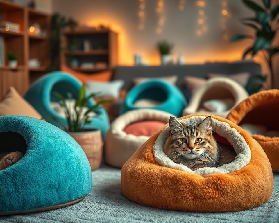 A cozy scene featuring top-rated indoor cat bed caves, showcasing a variety of plush, cave-style beds designed for cats. In the foreground, a soft, felt cave bed in warm beige is nestled among a few others, plush in vibrant colors like teal and orange. A relaxed, fluffy Maine Coon cat peeks out from the beige bed, eyes half-closed, embodying a sense of comfort. The middle ground includes additional beds arranged elegantly, some with removable cushions, accentuated with leafy plants for a touch of nature. In the background, soft ambient lighting enhances a calm atmosphere, evoking a serene living room space with a subtle bokeh effect. The overall mood is inviting and warm, perfect for illustrating a cozy sleeping spot for cats. A cozy scene featuring top-rated indoor cat bed caves, showcasing a variety of plush, cave-style beds designed for cats. In the foreground, a soft, felt cave bed in warm beige is nestled among a few others, plush in vibrant colors like teal and orange. A relaxed, fluffy Maine Coon cat peeks out from the beige bed, eyes half-closed, embodying a sense of comfort. The middle ground includes additional beds arranged elegantly, some with removable cushions, accentuated with leafy plants for a touch of nature. In the background, soft ambient lighting enhances a calm atmosphere, evoking a serene living room space with a subtle bokeh effect. The overall mood is inviting and warm, perfect for illustrating a cozy sleeping spot for cats.
