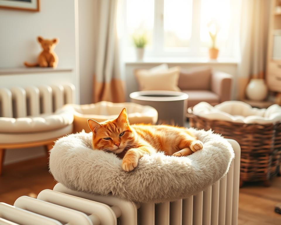 A cozy scene featuring various types of cat radiator beds in a warm, inviting home setting. In the foreground, showcase a plush, fluffy cat bed snugly placed on a radiator, with an orange tabby cat lounging blissfully. The middle ground includes a couple of other stylish radiator beds in different designs and fabrics, such as a woven wicker bed and a soft fleece-lined model. The background reveals a softly lit living room with a window letting in gentle afternoon sunlight, casting a warm glow. The atmosphere is serene and homely, emphasizing comfort and warmth for the feline friend. Use soft, diffused lighting to enhance the cozy mood, and capture the scene with a moderate focal length to provide depth.