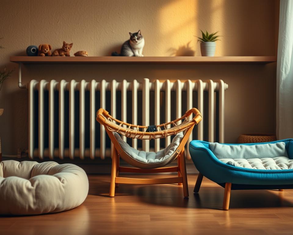 A cozy scene of a selection of stylish radiator cat beds designed for feline comfort. In the foreground, showcase three different types of cat beds: a plush, bolstered style in soft beige, a hammock-style bed with a sturdy frame in natural wood, and a sleek, modern design made of breathable fabric in bright blue. The middle ground features a gently glowing radiator against a backdrop of a softly lit, inviting living room environment. The background should include a warm, textured wall and a shelf with cat toys and potted plants. Warm, natural lighting creates a relaxed and homely atmosphere, emphasizing the comfort and appeal of each cat bed choice. The lens captures a slightly tilted upward angle to highlight the beds’ features and create depth. A cozy scene of a selection of stylish radiator cat beds designed for feline comfort. In the foreground, showcase three different types of cat beds: a plush, bolstered style in soft beige, a hammock-style bed with a sturdy frame in natural wood, and a sleek, modern design made of breathable fabric in bright blue. The middle ground features a gently glowing radiator against a backdrop of a softly lit, inviting living room environment. The background should include a warm, textured wall and a shelf with cat toys and potted plants. Warm, natural lighting creates a relaxed and homely atmosphere, emphasizing the comfort and appeal of each cat bed choice. The lens captures a slightly tilted upward angle to highlight the beds’ features and create depth.