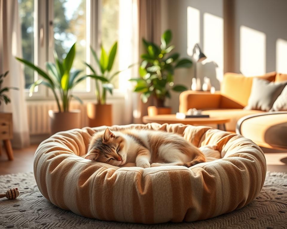 A cozy self-heating cat bed placed in a sunny corner of a modern living room. The bed is round, with plush, quilted fabric in soft beige and warm colors, radiating a sense of comfort. In the foreground, a fluffy cat is curled up, napping peacefully, displaying contentment on its face. The middle features the cat bed with a gentle glow that hints at its self-heating properties, surrounded by a few playful toys. In the background, a large window allows natural light to stream in, highlighting green plants and warm wooden furniture, creating a serene and inviting atmosphere. The scene is softly lit, evoking a feeling of warmth and tranquility, captured with a slightly elevated angle to showcase the inviting space.