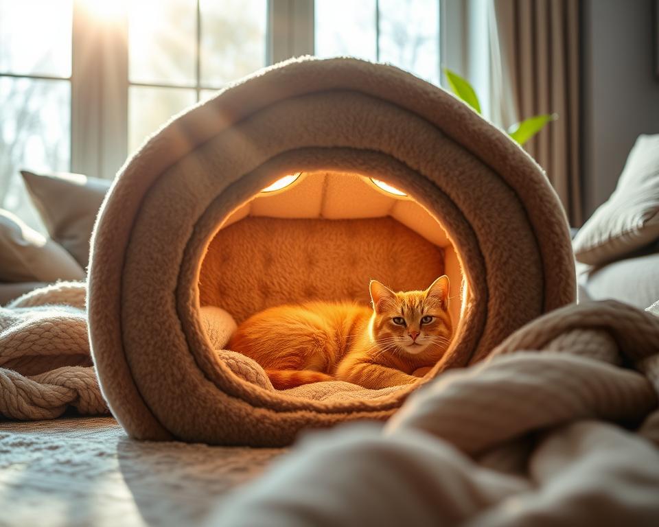 A cozy self-heating cat house nestled in a tranquil living room setting. The foreground features a plush, insulated cat house with a modern design, showcasing built-in heating elements that glow softly, indicating warmth. A fluffy ginger cat is comfortably curled up inside, with a content expression. In the middle, the room is adorned with bright sunlight filtering through large windows, casting gentle rays that enhance the inviting atmosphere. Soft textures like wool throws and cushions scattered around create a serene environment. The background shows a green plant near the window, adding a touch of nature. The overall mood is warm and inviting, emphasizing comfort and innovation in cat care. Soft, natural lighting emphasizes the coziness of the space. A cozy self-heating cat house nestled in a tranquil living room setting. The foreground features a plush, insulated cat house with a modern design, showcasing built-in heating elements that glow softly, indicating warmth. A fluffy ginger cat is comfortably curled up inside, with a content expression. In the middle, the room is adorned with bright sunlight filtering through large windows, casting gentle rays that enhance the inviting atmosphere. Soft textures like wool throws and cushions scattered around create a serene environment. The background shows a green plant near the window, adding a touch of nature. The overall mood is warm and inviting, emphasizing comfort and innovation in cat care. Soft, natural lighting emphasizes the coziness of the space.