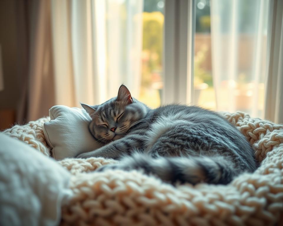 A cozy, serene scene of a cat peacefully sleeping on a luxurious, plush cat bed. In the foreground, the cat, a fluffy British Shorthair with soft gray fur, is curled up in a content position, surrounded by fluffy pillows and a warm, knitted blanket. The middle ground features gentle, ambient lighting that casts a soft glow, enhancing the tranquil atmosphere. In the background, a softly blurred window shows a sunny garden, with delicate curtains fluttering in a light breeze, creating a dreamy, inviting vibe. The overall mood is calm and cozy, evoking a sense of warmth and comfort, perfect for a cat's dream sleeping experience. The scene captures the essence of relaxation and contentment. A cozy, serene scene of a cat peacefully sleeping on a luxurious, plush cat bed. In the foreground, the cat, a fluffy British Shorthair with soft gray fur, is curled up in a content position, surrounded by fluffy pillows and a warm, knitted blanket. The middle ground features gentle, ambient lighting that casts a soft glow, enhancing the tranquil atmosphere. In the background, a softly blurred window shows a sunny garden, with delicate curtains fluttering in a light breeze, creating a dreamy, inviting vibe. The overall mood is calm and cozy, evoking a sense of warmth and comfort, perfect for a cat's dream sleeping experience. The scene captures the essence of relaxation and contentment.