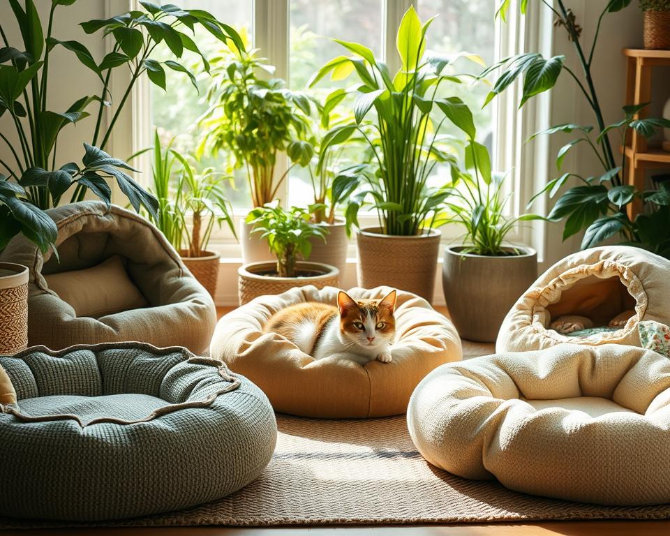 A cozy setting featuring eco-friendly cat beds made from 100% recycled materials. In the foreground, display a variety of stylish cat beds in different shapes—round, rectangular, and nest-like—crafted from soft, textured fabrics in natural colors like earthy greens, browns, and creams. In the middle, include a content cat lounging comfortably in one of the beds, with soft sunlight filtering through nearby plants, creating a warm and inviting atmosphere. In the background, add a subtle hint of a lush indoor garden with foliage, enhancing the eco-friendly theme. The image should evoke a sense of comfort and sustainability, with soft, natural lighting enhancing the textures of the recycled materials. Capture the scene from a slightly elevated angle to provide a comprehensive view of the beds in this serene environment.