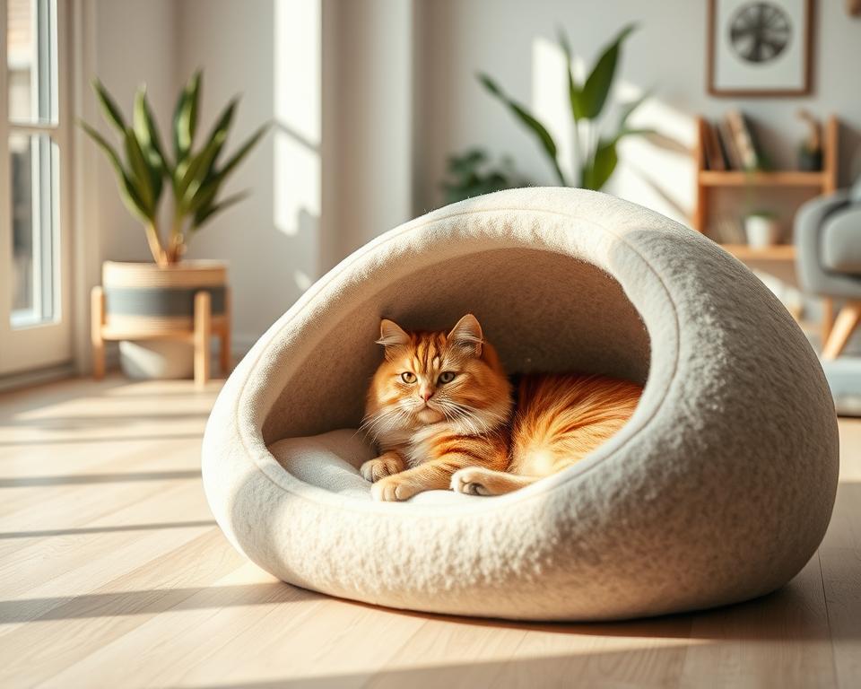 A cozy, stylish Scandinavian inspired cat bed made of soft, textured felt, shaped like a minimalist cave with smooth, rounded edges. The foreground features a fluffy, relaxed cat nestled comfortably within the bed, showcasing its vibrant fur against the neutral tones of the felt. In the middle, there’s a clean, light wooden floor that complements the natural aesthetic. Soft, diffused natural light streams in from a nearby window, creating gentle shadows that enhance the textures of the bed and the cat. The background displays a simple, contemporary living space with potted plants and Scandinavian decor, adding to the overall warmth and inviting atmosphere. The scene evokes a serene, peaceful ambiance, perfect for illustrating a cat's comfort in a stylish environment.