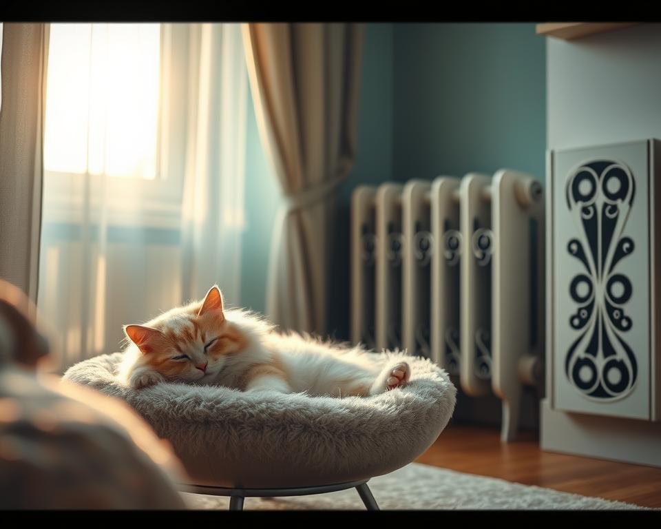 A cozy, warm interior scene featuring a fluffy cat peacefully lounging on a stylish radiator cat bed positioned near a gently glowing radiator. The foreground showcases the cat's soft fur and relaxed posture, highlighting its enjoyment in this perfect resting spot. The middle ground includes the sleek, decorative radiator with intricate designs, while the background reveals a sunlit window with sheer curtains, allowing soft light to pour into the room, creating a serene atmosphere. The overall mood is tranquil and inviting, illustrating the warmth and comfort a radiator cat bed provides. Use soft, natural lighting to enhance the calming ambiance, with a focus on capturing the delightful essence of a cat's blissful relaxation. A cozy, warm interior scene featuring a fluffy cat peacefully lounging on a stylish radiator cat bed positioned near a gently glowing radiator. The foreground showcases the cat's soft fur and relaxed posture, highlighting its enjoyment in this perfect resting spot. The middle ground includes the sleek, decorative radiator with intricate designs, while the background reveals a sunlit window with sheer curtains, allowing soft light to pour into the room, creating a serene atmosphere. The overall mood is tranquil and inviting, illustrating the warmth and comfort a radiator cat bed provides. Use soft, natural lighting to enhance the calming ambiance, with a focus on capturing the delightful essence of a cat's blissful relaxation.