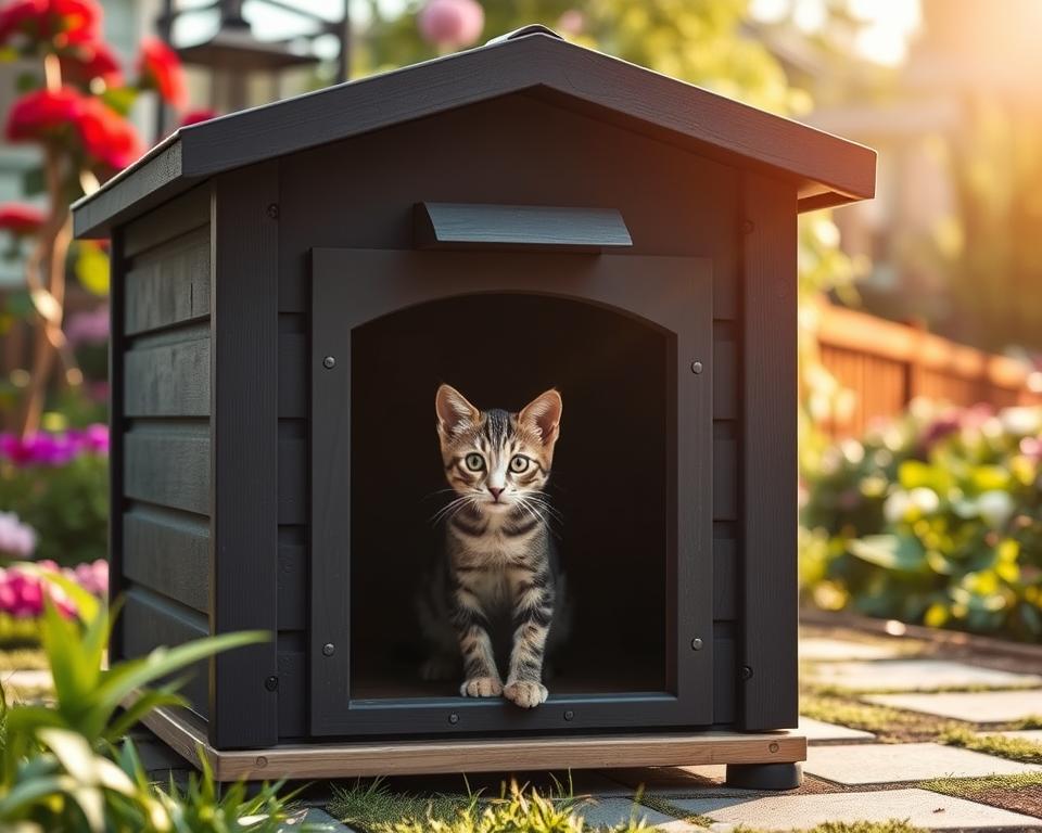 A cozy weather-resistant outdoor cat house designed for comfort and safety, set in a serene garden. In the foreground, the cat house features sturdy, insulated walls, a sloping roof to shed rain, and raised flooring to keep it dry. Accents include a small entrance flap and multiple ventilation holes. In the middle ground, a playful tabby cat peeks out curiously, highlighting the inviting interior. The background showcases a lush garden with colorful flowers and greenery, bathed in soft, warm sunlight. The scene is captured from a low angle, emphasizing the cat house's prominence and the cat's playful demeanor. The overall mood is peaceful and inviting, reflecting a safe haven for cats in an outdoor setting.