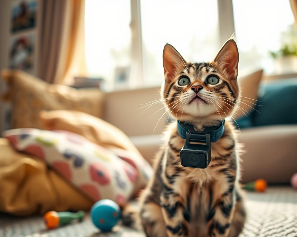 A cute tabby cat wearing a budget-friendly HD 1080P camera collar, showcasing its sleek design with a compact camera attached. The cat is playfully sitting in a cozy living room, surrounded by soft, colorful cushions and a sunny window that casts warm, natural light across the scene. In the background, blurred photographs of outdoor adventures hint at the collar's purpose, while a few toys lie scattered nearby, adding a playful touch. The lens captures a close-up of the cat’s curious expression, emphasizing the camera collar's functionality and modern technology. The atmosphere is warm and inviting, highlighting the connection between pets and their owners through the use of innovative gadgets.