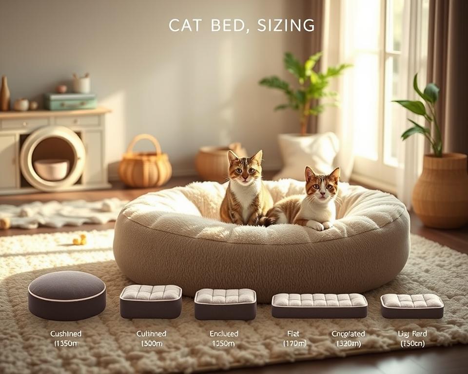 A detailed cat bed sizing guide illustrated visually for an informative article. In the foreground, showcase a variety of cat bed styles (cushioned, enclosed, flat) in different sizes, clearly labeled. The middle section features a playful cat sitting on a large plush bed, displaying comfort and coziness. Soft, natural lighting from a nearby window illuminates the scene, creating a warm and inviting atmosphere. The background includes a cozy room setting with a soft rug, a few cat toys scattered around, and a plant for a touch of greenery. The composition captures the essence of comfort and care, emphasizing the importance of choosing the right bed for your cat’s needs. Focus on warmth, clarity, and a cozy ambiance without any text or overlays.