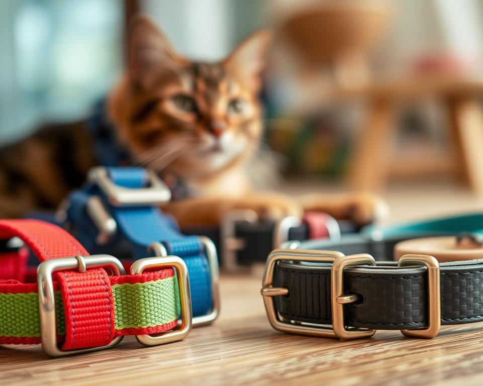 A detailed close-up image of breakaway safety mechanisms in cat collars, showcasing a vibrant array of designs. In the foreground, clearly highlighted safety buckles and features are presented, such as quick-release clasps and adjustable straps in different colors like red, blue, and green. In the middle ground, a variety of textured collar materials, such as fabric and leather, exhibit how they accommodate the breakaway feature. The background features a soft, blurred pet-friendly environment to evoke warmth. Use soft, natural lighting to emphasize the intricate details of the collars and create an approachable, informative atmosphere. The camera should be at eye level to capture both precision and comfort in the collars' design, appealing directly to cat owners seeking ideal safety features.