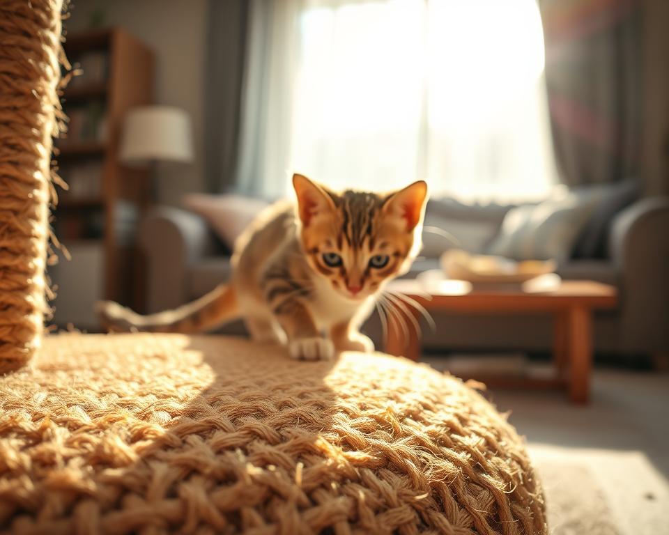 A detailed close-up of a sisal scratching surface designed for cats, showcasing the natural texture and weave of the sisal fibers. The foreground features the scratching post with vibrant lighting emphasizing the coarse, durable texture. In the middle, incorporate a curious cat gently scratching the surface, its fur reflecting soft sunlight, highlighting its playful engagement. The background should be a cozy living room setting, with subtle furniture and a blurred effect to keep focus on the scratching post. The overall mood is inviting and warm, suggesting a safe space for feline play. Use soft, natural lighting to enhance the organic feel of the material and create an atmosphere of comfort and happiness.