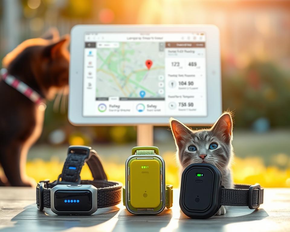 A detailed comparison of various cat tracking technologies illustrated artistically. In the foreground, feature three distinct cat collars with built-in GPS trackers, showcasing their designs, colors, and tech features, including LED indicators and app connectivity symbols. In the middle, place a digital tablet displaying a map with tracking data and statistics about usage effectiveness. The background should have a soft, blurred out-of-focus garden setting, suggesting a calm outdoor environment for cats. Utilize warm, natural sunlight to create a bright and inviting atmosphere. The composition should balance clarity and innovation in pet technology while maintaining a professional look, capturing the essence of cat tracking technology.