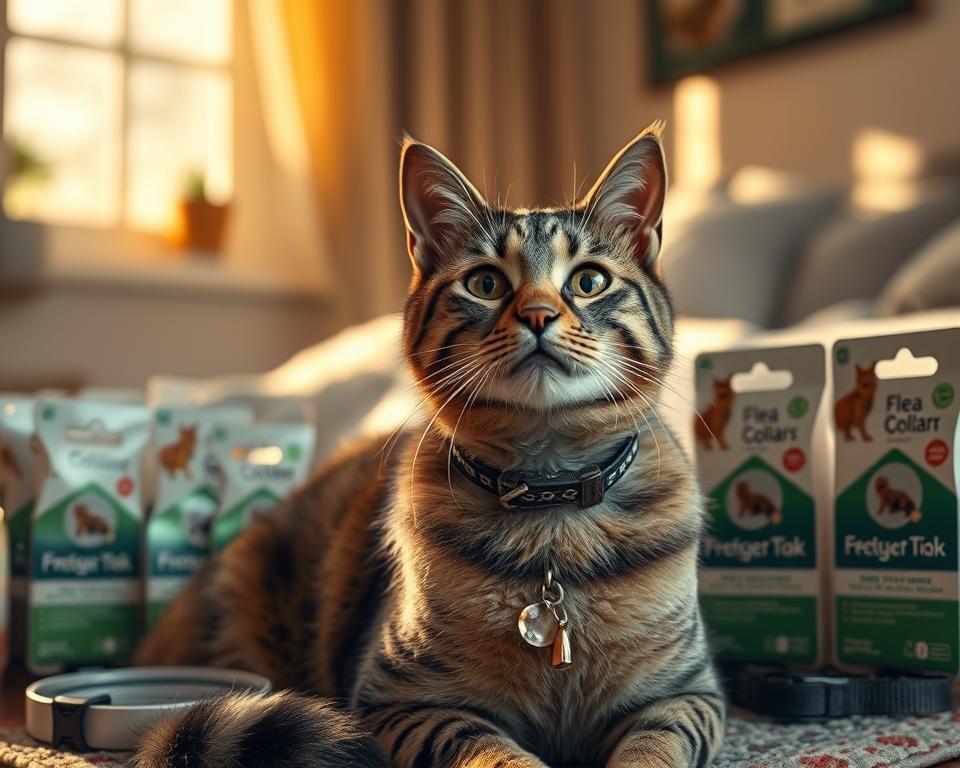 A detailed, engaging scene showcasing a cat wearing a stylish collar, surrounded by various flea protection products. In the foreground, the cat appears relaxed and content, gaze directed towards the viewer, with the collar prominently featured, adorned with subtle patterns to convey high quality. The middle ground displays an array of flea collars with labels indicating their duration and pricing, artistically arranged for clarity. In the background, a soft, natural light filters through a window, casting warm, inviting shadows, enhancing the overall cozy atmosphere. Use a shallow depth of field to blur the background slightly, drawing focus to the cat and collar. The mood should be informative yet friendly, suitable for pet owners considering flea protection options.