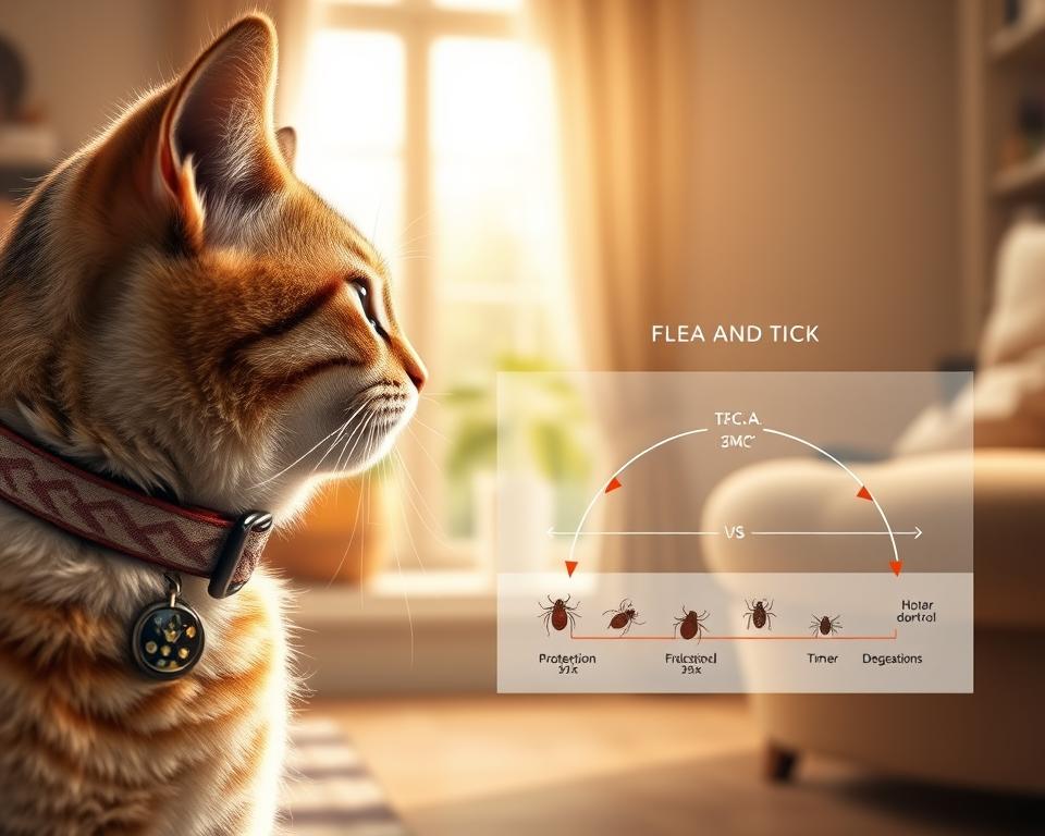 A detailed illustration focusing on the concept of flea and tick control duration. In the foreground, display a close-up of a cat wearing a collar with a visible flea control tag, showing a gradient scale indicating various protection durations. The middle ground features a diagrammatic representation of a flea and tick lifecycle, highlighting the effectiveness of collars over time. In the background, a serene domestic setting with a cozy home environment, perhaps a window with sunlight streaming in, creating a warm and inviting atmosphere. Use soft, natural lighting to enhance the overall feel of safety and comfort. Keep the focus on the cat and the educational element of the image, ensuring clarity and engagement for viewers.
