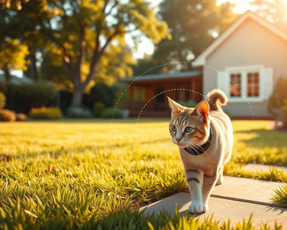 A detailed illustration of a cat in a lush suburban backyard, showcasing a wireless tracking collar on its neck. In the foreground, depict the cat curiously exploring the area, emphasizing the sleek design and the collar's GPS-enabled technology. In the middle, create a soft gradient representing the tracking range, with dotted lines emanating from the collar to illustrate coverage, extending to various points in the yard. In the background, include a cozy home and scattered trees, bathed in warm afternoon sunlight to enhance a peaceful and secure atmosphere. Utilize a wide-angle lens perspective to capture the entire scene, ensuring a bright, inviting mood that conveys the effectiveness of the tracking system without any text or distractions.