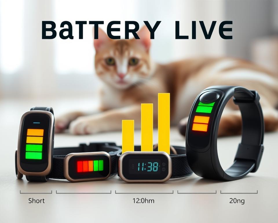 A detailed infographic showcasing a battery life comparison of various pet trackers. In the foreground, display three distinct cat collar trackers with their corresponding battery indicators, each marked with vivid colors to represent different lifespans (e.g., short, medium, long). In the middle, utilize bar graphs illustrating the battery performance of these trackers over time. Bright, soft lighting emphasizes the sleek designs of the collars, while maintaining an informative atmosphere. The background should be a blurred, light-toned environment that suggests a cozy home setting—perhaps a subtle silhouette of a cat lounging nearby, enhancing the thematic connection. Use a slight top-down angle for a comprehensive view of the battery comparison without any text or additional distractions.