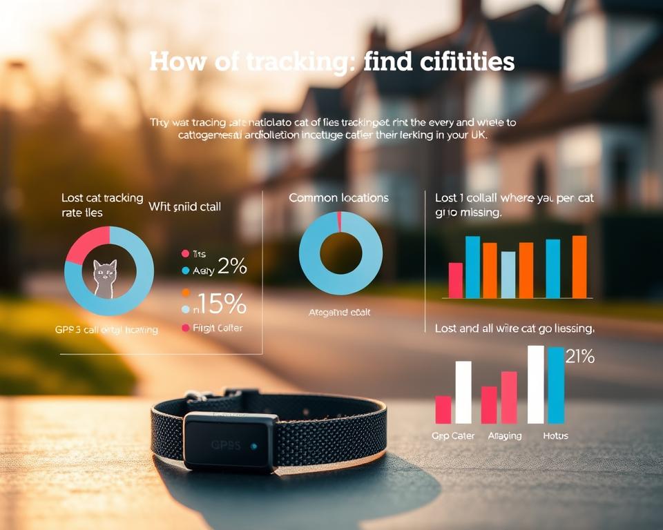A detailed infographic style image illustrating feline tracking statistics in the UK. In the foreground, a sleek GPS cat collar prominently displayed, showcasing its tracking capabilities. In the middle, pie charts and bar graphs visualize statistics such as lost cat recovery rates and common locations where cats go missing, all set against a soft, blurred background of a suburban neighborhood. The lighting is warm and inviting, suggesting a peaceful afternoon. A shallow depth of field emphasizes the collar and stats while the background remains softly out of focus. The atmosphere is informative yet approachable, highlighting how tracking collars help cat owners find their pets.