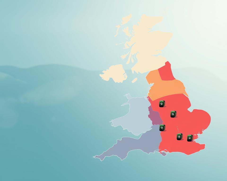 A detailed map of the United Kingdom highlighting network coverage for pet trackers. The foreground features distinct color-coded regions indicating network strength, with darker shades for areas of high coverage and lighter shades for low coverage. In the middle ground, include icons of cat collars with small GPS symbols, scattered across various regions to represent their usability in different locations. The background shows a stylized outline of the UK with soft gradients indicating geographical features, such as hills and rivers, to add depth. Bright, natural lighting illuminates the map, creating a clean and professional atmosphere, perfect for conveying the reliability and connectivity of pet tracking technology. The overall mood should be informative and reassuring, emphasizing security for pet owners.