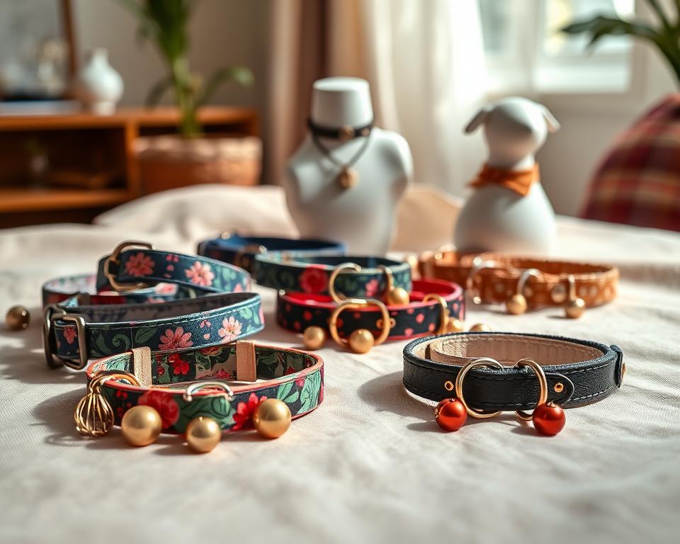 A display of stylish cat collar designs arranged elegantly on a soft, textured fabric background. In the foreground, showcase several collars featuring vibrant colors and unique patterns, such as floral prints, geometric shapes, and luxe materials like velvet or leather. The collars should have attached bells or fashionable charms. In the middle ground, place a few collars on stylish, minimalist pet mannequins, highlighting their design and features. The background is softly blurred, creating a cozy atmosphere, perhaps with hints of a warm home setting. Use natural lighting to enhance the colors and textures, capturing the elegance and fashionability of the collars. Aim for a warm, inviting mood that emphasizes the stylish combinations of fashion and function for pet accessories.