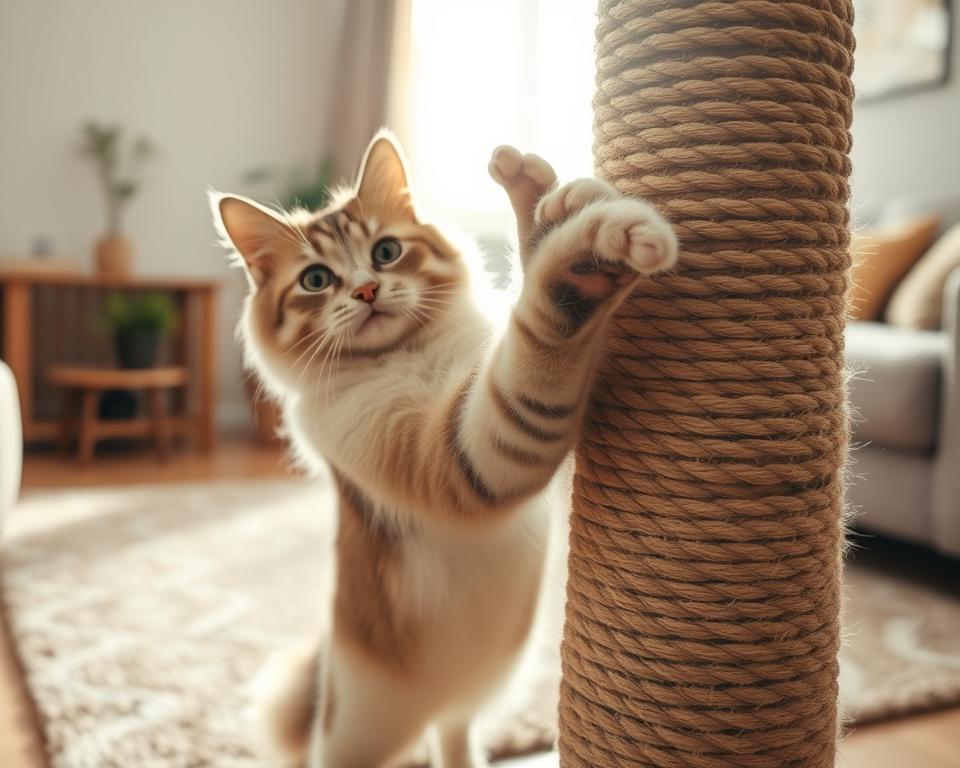 A domestic cat with soft, fluffy fur is mid-scratch on a tall, textured scratch post adorned with natural sisal rope, its claws deeply engaged in the material. The foreground shows the cat's focused expression, highlighting its sharp eyes and playful posture as it stretches its body. In the middle ground, the scratch post stands prominently, surrounded by a cozy living room with warm, inviting tones, featuring a plush rug and a small indoor plant. The background softly blurs, revealing a sunlit window casting gentle light into the space, creating a serene atmosphere. The overall mood is playful yet calming, showcasing the essential behavior of cats in a home environment. A domestic cat with soft, fluffy fur is mid-scratch on a tall, textured scratch post adorned with natural sisal rope, its claws deeply engaged in the material. The foreground shows the cat's focused expression, highlighting its sharp eyes and playful posture as it stretches its body. In the middle ground, the scratch post stands prominently, surrounded by a cozy living room with warm, inviting tones, featuring a plush rug and a small indoor plant. The background softly blurs, revealing a sunlit window casting gentle light into the space, creating a serene atmosphere. The overall mood is playful yet calming, showcasing the essential behavior of cats in a home environment.