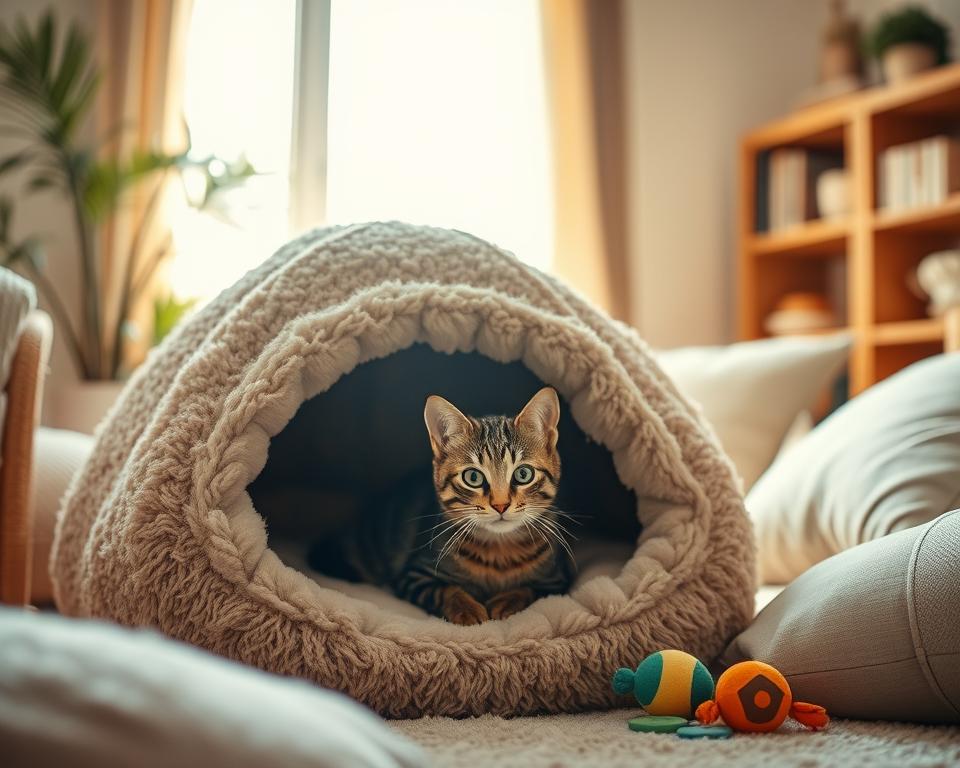 A fluffy, cosy cave cat bed nestled in a warm and inviting room. The bed has an earthy, textured fabric with a rounded, hooded top that makes it look like a small, safe haven. A soft, warm light filters in from a nearby window, casting gentle shadows and highlighting the bed's plush lining. In the foreground, a curious tabby cat peeks out from the entrance, creating a sense of engagement and warmth. The middle ground features plush cushions and a few toys scattered around, enhancing the comforting atmosphere. In the background, soft, blurred home elements like a potted plant and a bookshelf evoke a serene, welcoming environment. The overall mood is one of safety and relaxation, perfect for security-loving cats.