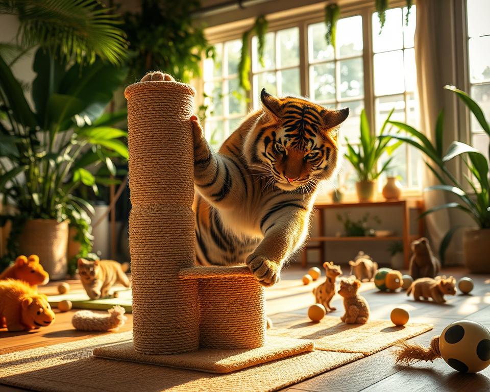 A large cat, such as a majestic Siberian tiger, is engaging in natural scratching behavior on a textured scratching post made from natural sisal fibers, prominently placed in the foreground. The scene is set in a lush, sunlit indoor environment, with warm, soft lighting filtering through large windows, casting gentle shadows. In the middle ground, various large cat toys are scattered around to enhance the atmosphere of playfulness. The background features a greenery-filled room with jungle-themed decor, creating an immersive habitat that highlights the importance of exercise and engagement for big cats. The overall mood is lively and playful, capturing the instinctual behaviors of large cats in a safe, enriching environment. A large cat, such as a majestic Siberian tiger, is engaging in natural scratching behavior on a textured scratching post made from natural sisal fibers, prominently placed in the foreground. The scene is set in a lush, sunlit indoor environment, with warm, soft lighting filtering through large windows, casting gentle shadows. In the middle ground, various large cat toys are scattered around to enhance the atmosphere of playfulness. The background features a greenery-filled room with jungle-themed decor, creating an immersive habitat that highlights the importance of exercise and engagement for big cats. The overall mood is lively and playful, capturing the instinctual behaviors of large cats in a safe, enriching environment.