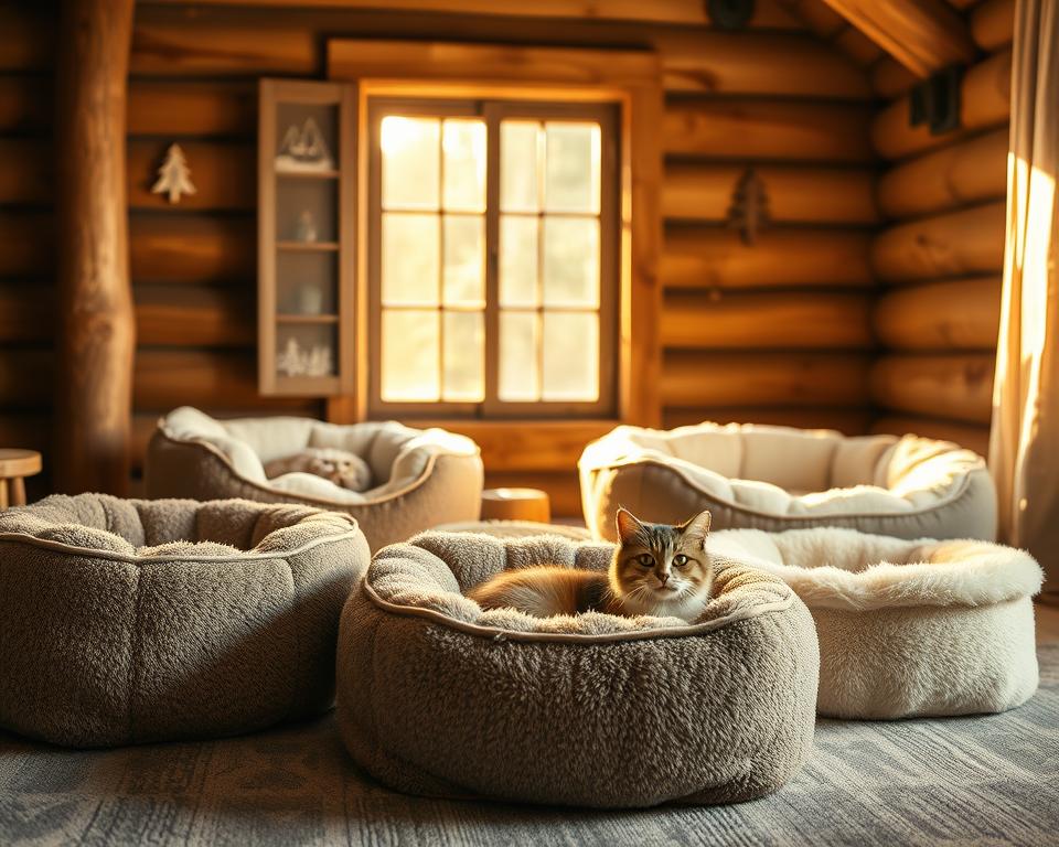 A luxurious Alpine collection of cat beds, featuring a variety of plush, supportive designs nestled in a cozy, rustic cabin setting. In the foreground, three cat beds in soft, earthy tones of taupe, light gray, and cream, each with textured fabrics and fluffy edges, inviting cats to curl up inside. In the middle ground, a sun-drenched window casts warm, golden light across the scene, illuminating the beds and creating gentle shadows. The background showcases a wooden cabin wall adorned with subtle nature-themed decor, echoing the Alpine motif. The atmosphere is serene and inviting, with the feel of a peaceful retreat where cats can find ultimate comfort. The soft lighting enhances the rich textures, making it an appealing setting for feline relaxation.
