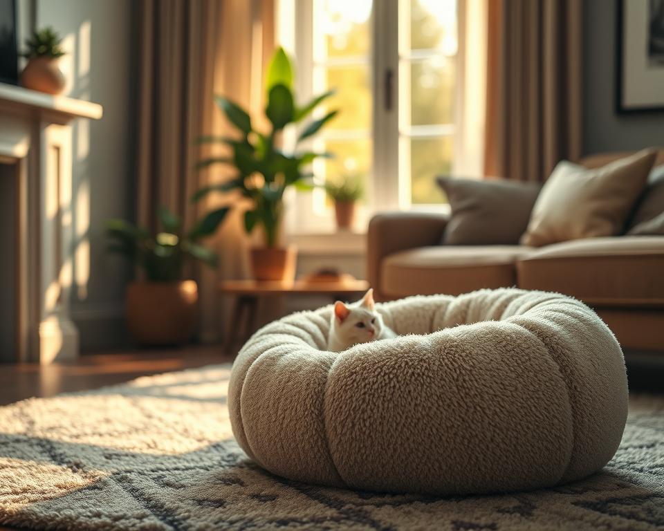 A luxurious boucle cat bed, elegantly designed with plush, soft fabric in a neutral cream color. The cat bed is nestled in a cozy corner of a stylish living room, surrounded by tasteful decor including a potted plant and a plush rug. In the foreground, the cat bed sits invitingly, showcasing its deep, rounded shape and rich texture, perfect for feline comfort. The middle background features a softly lit window, allowing warm, golden sunlight to stream in and create a serene atmosphere. The overall mood is tranquil and upscale, highlighting the comfort and luxury of the boucle cat bed. The image composition should be close-up to emphasize the plushness and inviting design of the cat bed, with a shallow depth of field to softly blur the surroundings.