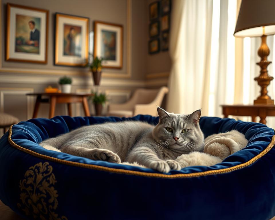 A luxurious cat bed in a cozy, elegantly decorated room. The bed is plush, featuring rich velvet fabric in deep royal blue, adorned with golden embroidery. In the foreground, the cat bed is filled with soft, fluffy cushions, inviting a pampered feline to curl up. A majestic British Shorthair cat with a smooth, silvery coat lounges comfortably in the bed, eyes half-closed in contentment. The middle ground features a stylish wooden side table with a small potted plant, adding life to the scene. The background reveals a warm, softly lit room with tasteful decor, including framed artwork and a window draped with light, sheer curtains. The atmosphere is inviting, serene, and perfect for a royal cat nap. The light source is soft and ambient, enhancing the cozy feel of the scene. A luxurious cat bed in a cozy, elegantly decorated room. The bed is plush, featuring rich velvet fabric in deep royal blue, adorned with golden embroidery. In the foreground, the cat bed is filled with soft, fluffy cushions, inviting a pampered feline to curl up. A majestic British Shorthair cat with a smooth, silvery coat lounges comfortably in the bed, eyes half-closed in contentment. The middle ground features a stylish wooden side table with a small potted plant, adding life to the scene. The background reveals a warm, softly lit room with tasteful decor, including framed artwork and a window draped with light, sheer curtains. The atmosphere is inviting, serene, and perfect for a royal cat nap. The light source is soft and ambient, enhancing the cozy feel of the scene.