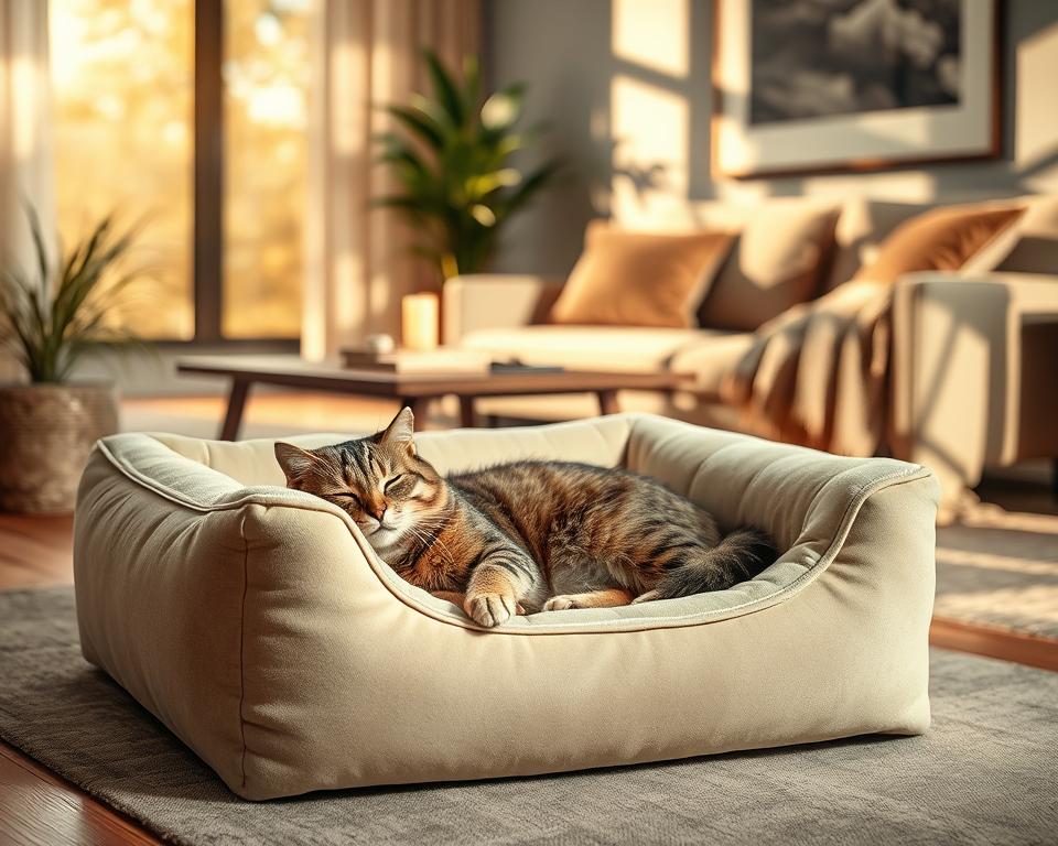 A luxurious cat bed in a stylish box shape, featuring soft, plush fabric and elegant neutral tones like beige and cream. The foreground highlights a cozy cat lounging comfortably inside the bed, with its eyes half-closed, reflecting pure relaxation. In the middle ground, an inviting living room setting with warm, natural light pouring in through a large window, casting soft shadows. The background includes tastefully arranged home decor, such as a potted plant and a cozy throw blanket draped over a modern sofa. The atmosphere is serene and sophisticated, evoking a sense of ultimate comfort and tranquility for cats. Use a soft focus with a slight depth of field to emphasize the cat bed.
