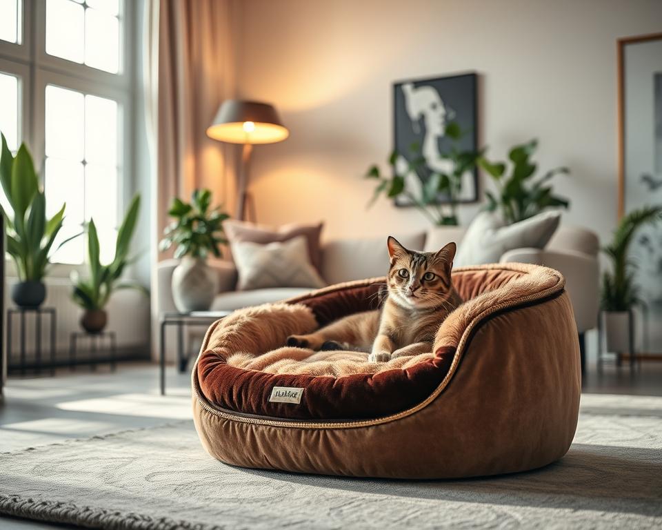 A luxurious cat bed positioned elegantly in a well-lit, beautifully decorated living room. In the foreground, the plush cat bed features rich, soft fabrics like velvet and faux fur, with a high, cushioned rim for extra comfort. Personalized touches like an embroidered name tag and an intricate, gold-trimmed design enhance its opulence. In the middle ground, a stylish floor lamp emits warm, inviting light, casting soft shadows around the room. Various houseplants in elegant pots add a touch of greenery. In the background, a modern, minimalist decor style contrasts with the sumptuous bed, creating an upscale atmosphere. The overall mood is cozy and inviting, perfect for discerning pet owners seeking luxurious comfort for their feline friends. A luxurious cat bed positioned elegantly in a well-lit, beautifully decorated living room. In the foreground, the plush cat bed features rich, soft fabrics like velvet and faux fur, with a high, cushioned rim for extra comfort. Personalized touches like an embroidered name tag and an intricate, gold-trimmed design enhance its opulence. In the middle ground, a stylish floor lamp emits warm, inviting light, casting soft shadows around the room. Various houseplants in elegant pots add a touch of greenery. In the background, a modern, minimalist decor style contrasts with the sumptuous bed, creating an upscale atmosphere. The overall mood is cozy and inviting, perfect for discerning pet owners seeking luxurious comfort for their feline friends.