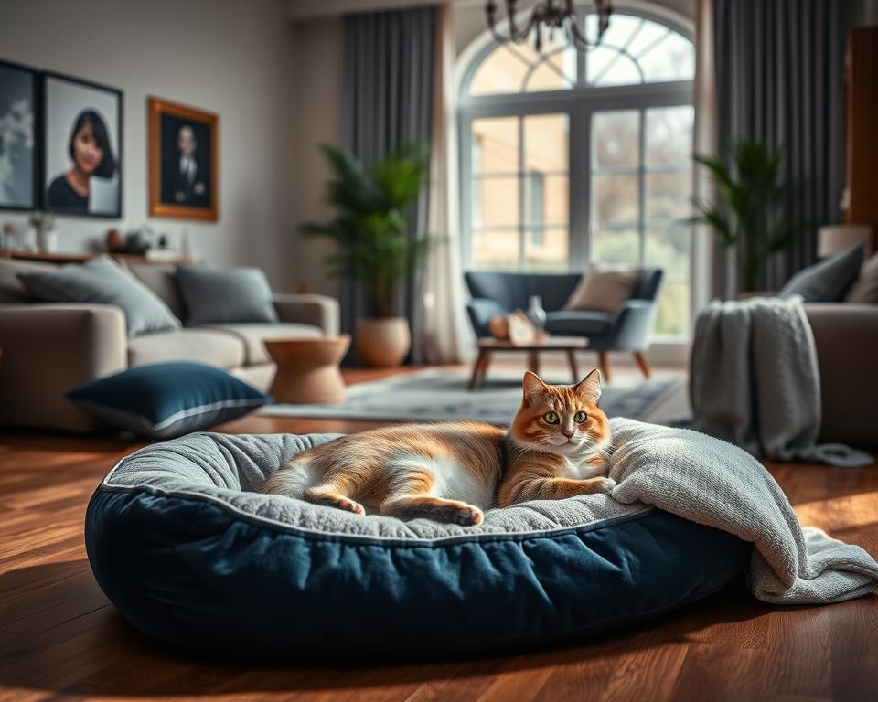 A luxurious cat bed scene showcasing premium materials such as plush velvet, soft fleece, and breathable cotton. In the foreground, a beautifully crafted cat bed, surrounded by cozy pillows and a soft blanket, all in a rich color palette of deep blues and warm grays. The middle ground features a chic living space with hardwood flooring, a stylish rug, and a potted plant that adds a touch of nature. In the background, soft natural light streams through a large window, casting gentle shadows and enhancing the inviting atmosphere. The overall mood is serene and cozy, perfect for a pampered feline seeking luxurious comfort. Aim for a warm, inviting image that epitomizes relaxation and elegance.