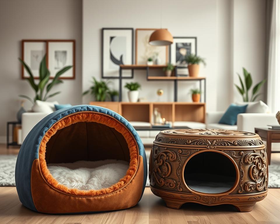 A luxurious cat cave collection displayed in an elegantly styled living room. In the foreground, two premium cat caves: one made of soft, plush fabric in a deep royal blue, and another crafted from natural wood with intricate carvings. Both caves are inviting, featuring a cozy, plush cushion inside. The middle layer includes a stylish cat furniture arrangement, showcasing a modern aesthetic with tasteful decor elements like potted plants and contemporary art pieces on the walls. The background features soft, diffused natural light coming through a large window, creating a warm and inviting atmosphere. The scene should evoke a sense of comfort and sophistication, highlighting the premium quality of the cat caves without any distractions. A luxurious cat cave collection displayed in an elegantly styled living room. In the foreground, two premium cat caves: one made of soft, plush fabric in a deep royal blue, and another crafted from natural wood with intricate carvings. Both caves are inviting, featuring a cozy, plush cushion inside. The middle layer includes a stylish cat furniture arrangement, showcasing a modern aesthetic with tasteful decor elements like potted plants and contemporary art pieces on the walls. The background features soft, diffused natural light coming through a large window, creating a warm and inviting atmosphere. The scene should evoke a sense of comfort and sophistication, highlighting the premium quality of the cat caves without any distractions.
