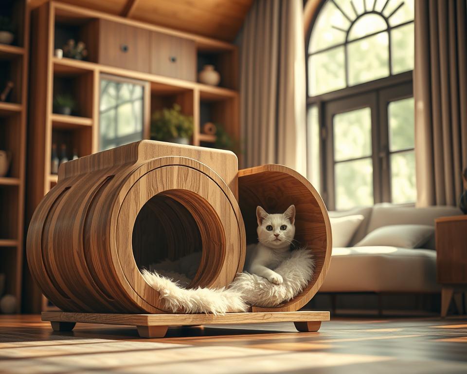 A luxurious cat house made from high-quality, natural wood with a soft, plush interior, perfectly designed for comfort. In the foreground, showcase a well-structured cat house with spacious compartments, elegant curves, and cozy bedding. In the middle ground, include details like chew-resistant corners and ventilation holes to indicate durability and safety. The background features a warm, inviting room with natural light streaming through a window, highlighting the rich texture of the wood and the softness of the fabric. Soft shadows and a gentle glow create a tranquil atmosphere, making it clear that this cat house is a perfect retreat for felines. Use a soft focus to enhance depth and warmth throughout the image, ensuring a sense of serenity and comfort.