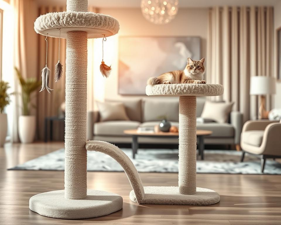 A luxurious cat scratching post designed for adult cats, featuring multiple levels with natural sisal rope covering and plush fabric accents in soft neutral tones. The foreground showcases a sleek, sturdy base with a wide, inviting scraping surface, adorned with dangling feather toys. In the middle, a spacious perch offers a cozy nook for relaxation, surrounded by textured fabric that suggests comfort. The background includes a softly blurred, chic living room setting, complete with stylish furniture and a warm, ambient glow from soft, natural light streaming in through a window. The atmosphere exudes elegance and functionality, highlighting the scratching post as a premium choice to complement a modern home while keeping cats entertained and furniture safe. A luxurious cat scratching post designed for adult cats, featuring multiple levels with natural sisal rope covering and plush fabric accents in soft neutral tones. The foreground showcases a sleek, sturdy base with a wide, inviting scraping surface, adorned with dangling feather toys. In the middle, a spacious perch offers a cozy nook for relaxation, surrounded by textured fabric that suggests comfort. The background includes a softly blurred, chic living room setting, complete with stylish furniture and a warm, ambient glow from soft, natural light streaming in through a window. The atmosphere exudes elegance and functionality, highlighting the scratching post as a premium choice to complement a modern home while keeping cats entertained and furniture safe.
