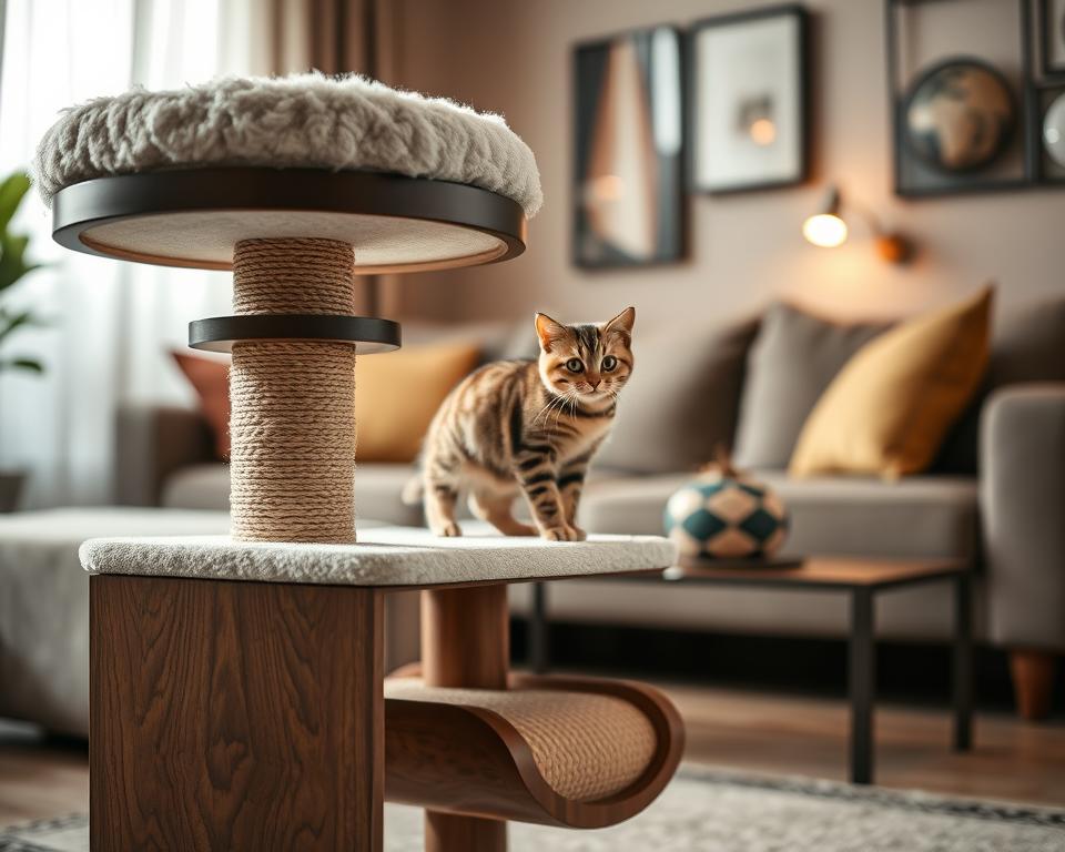 A luxurious cat scratching post, elegantly designed with a plush, cushioned bed on top and multiple scratching surfaces made of high-quality sisal and soft fabric. The foreground features a sleek, modern post adorned with intricate wood grain textures and a cozy, tufted cushion for feline comfort. In the middle ground, a playful cat is poised, delighting in its new scratching haven, showcasing the essence of play and relaxation. The background highlights a warmly lit, stylish living room setting with soft, ambient lighting, emphasizing an inviting atmosphere. Use a shallow depth of field to create a soft focus on the cat and the scratching post, while allowing the details of the luxurious materials to shine through, conveying sophistication and durability.