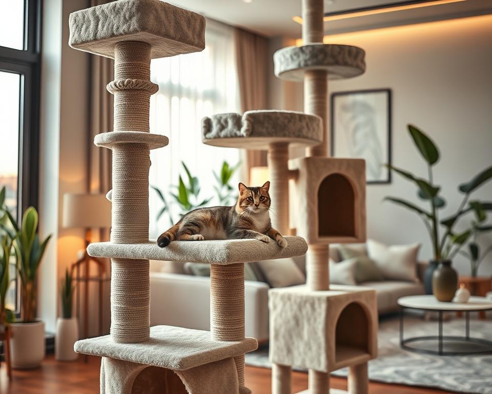 A luxurious cat tree in a modern living room setting. The foreground features an intricately designed premium cat tree, tall and multi-leveled, crafted from soft, plush fabric in soothing beige and light grey tones. It has multiple platforms, scratching posts wrapped in natural sisal, and cozy hideaways. In the middle ground, a playful cat lounges on one of the platforms, gazing contentedly, while its tail dangles playfully. The background showcases a stylish room with warm, diffused lighting from a nearby window, plants in elegant pots, and contemporary furniture to create a serene atmosphere. Capture the scene from a slightly elevated angle to highlight the cat tree's features and the inviting ambiance of the space.